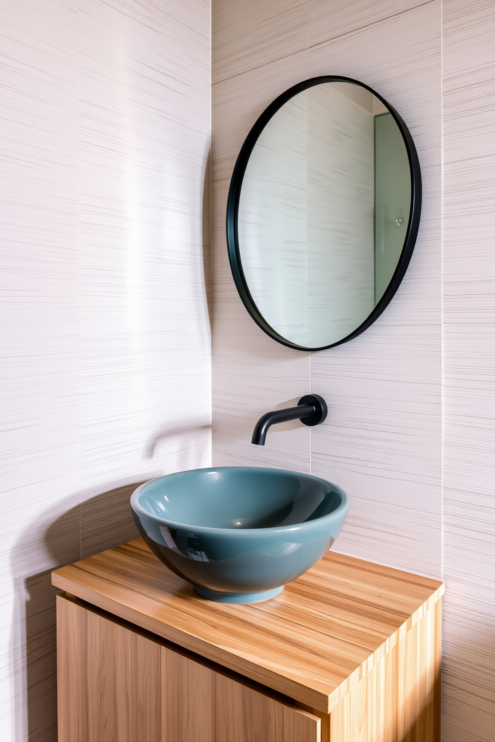 A unique shaped sink with artistic flair serves as the centerpiece of a stylish powder room. The sink features an organic form in a glossy finish, complemented by a sleek wall-mounted faucet in matte black. The surrounding walls are adorned with textured wallpaper in soft pastels, creating a serene ambiance. A minimalist vanity in natural wood provides a warm contrast, while a round mirror with an artistic frame enhances the overall design.