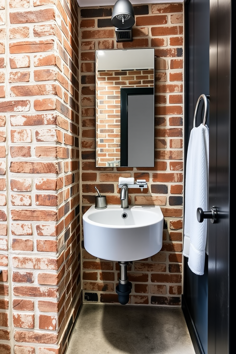 A stylish powder room featuring an industrial pipe sink with sleek metal accents. The walls are adorned with exposed brick, and the floor boasts polished concrete for a modern touch.