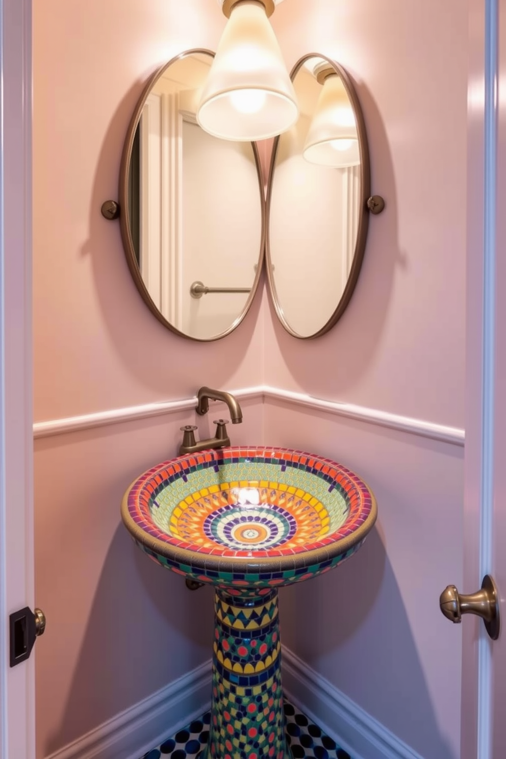 A colorful mosaic sink adds a vibrant touch to the powder room. The sink features an intricate design with bold colors that create a stunning focal point in the space.