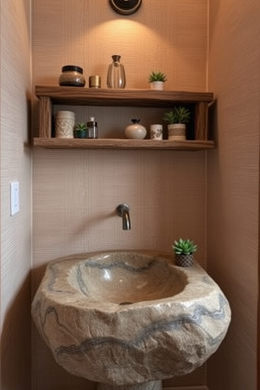 A natural stone sink sits at the center of a cozy powder room, exuding an earthy vibe that harmonizes with the surrounding decor. The walls are adorned with textured beige wallpaper, and a rustic wooden shelf displays decorative items and plants above the sink. Warm, ambient lighting casts a soft glow over the space, highlighting the unique patterns of the stone. A small potted succulent rests beside the sink, adding a touch of greenery to the tranquil atmosphere.