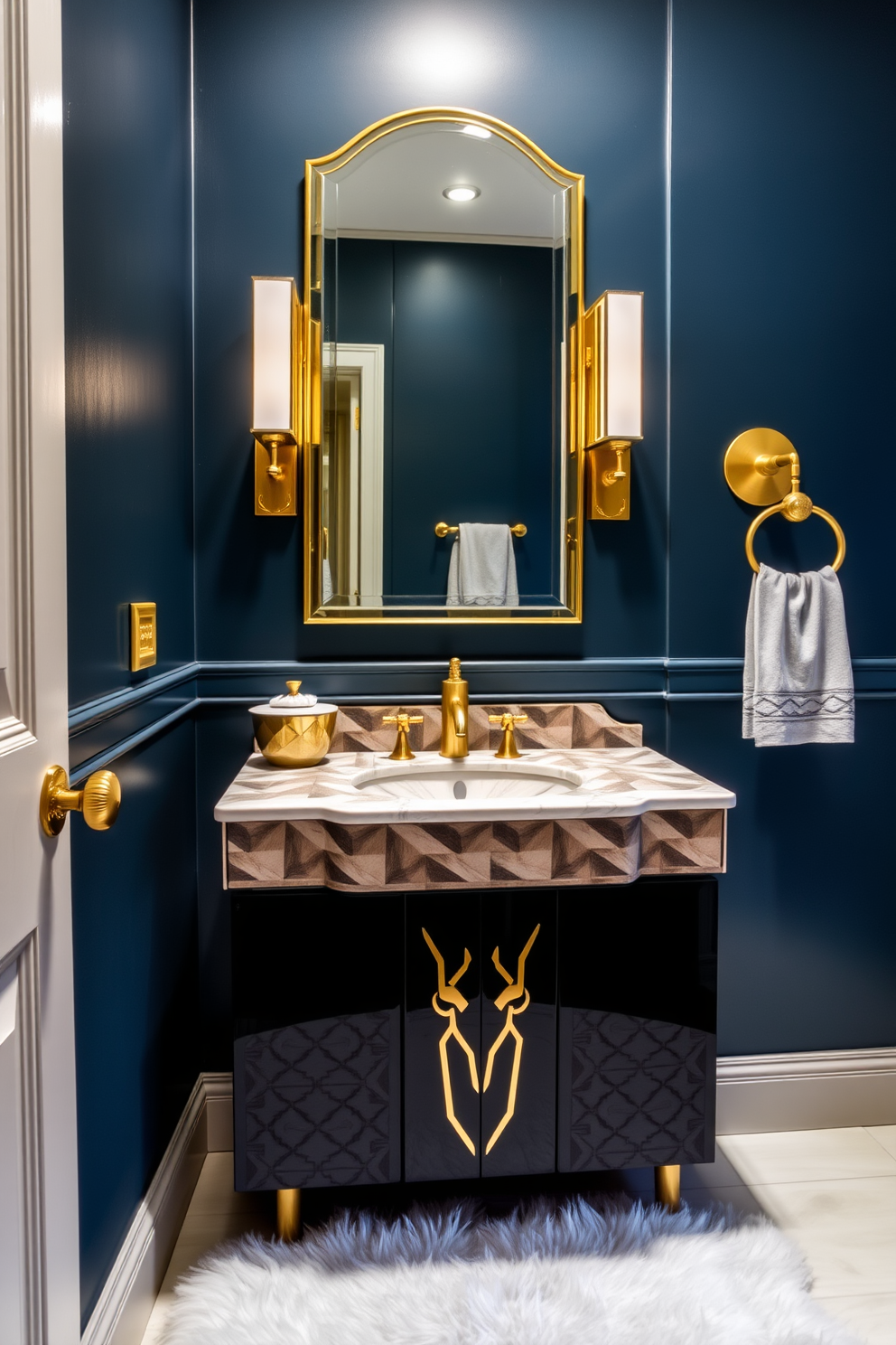 A stunning powder room featuring an art deco inspired sink with geometric patterns and luxurious gold accents. The sink is paired with a sleek, mirrored cabinet and adorned with elegant fixtures that enhance the overall opulence of the space. The walls are painted in a rich jewel tone, creating a dramatic backdrop for the striking design elements. A plush rug lies underfoot, adding warmth and comfort to this sophisticated setting.