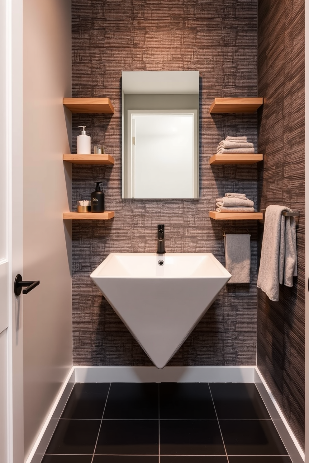 A modern powder room featuring a geometric sink with sharp lines that serves as the focal point of the space. The walls are adorned with a bold, textured wallpaper, and the floor is covered in sleek black tiles that enhance the contemporary aesthetic. Surrounding the sink are minimalist floating shelves made of natural wood, displaying stylish decor items and elegant hand towels. Soft, ambient lighting illuminates the room, creating a warm and inviting atmosphere while accentuating the sink's unique design.