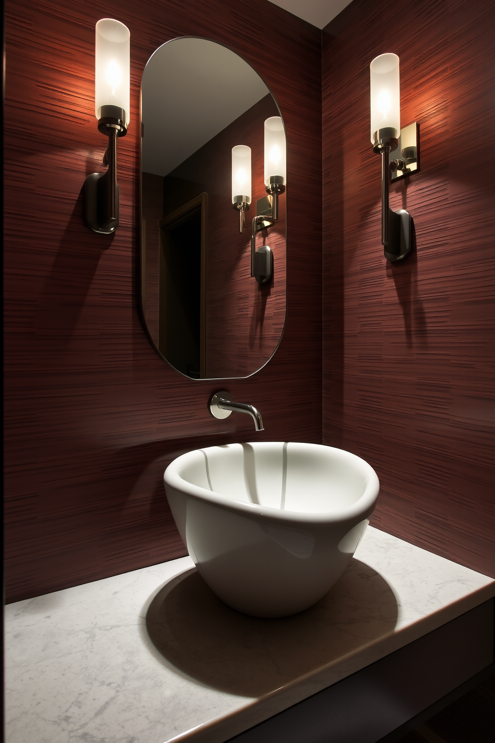 A stunning powder room featuring a sculptural sink as the focal point. The sink is artistically designed with flowing curves and a unique shape, complemented by a sleek countertop made of polished stone. The walls are adorned with a rich, textured wallpaper in deep hues, creating an intimate atmosphere. Elegant lighting fixtures cast a warm glow, highlighting the sink's artistry and enhancing the overall aesthetic of the space.