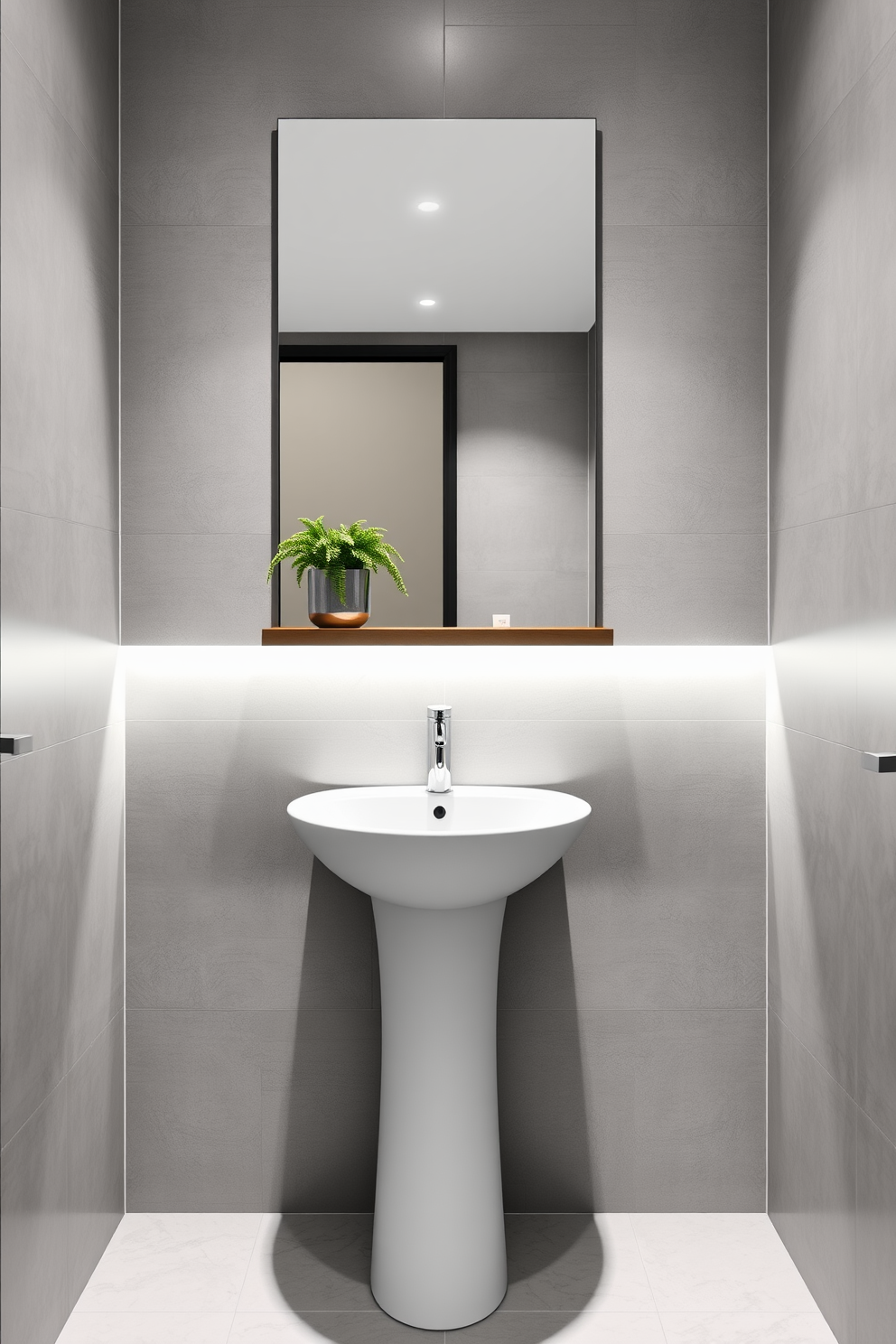 A sleek modern pedestal sink is the focal point of this elegant powder room. The sink is complemented by a minimalist faucet and surrounded by a stylish wall-mounted mirror that enhances the sense of space. The walls are adorned with soft gray tiles that create a serene atmosphere. A small potted plant sits on a floating shelf above the sink, adding a touch of greenery and warmth to the design.