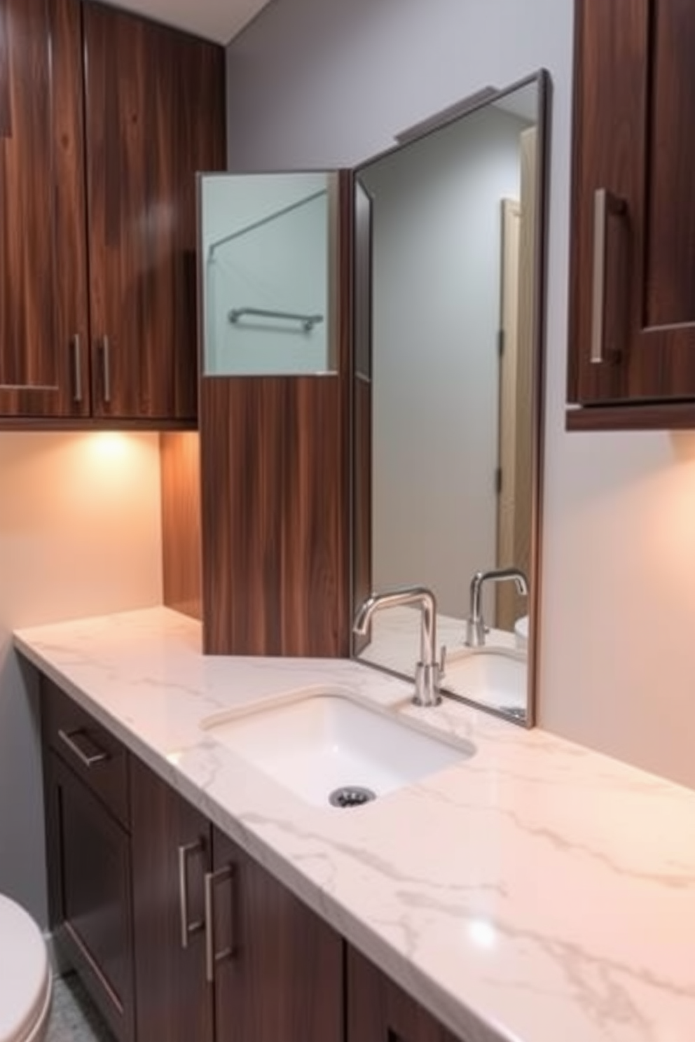 A custom built-in sink is seamlessly integrated into elegant cabinetry, featuring a rich wood finish that complements the overall decor. The countertop is adorned with a stunning quartz surface, while stylish fixtures add a touch of modern sophistication. The powder room showcases a minimalist aesthetic with clean lines and a neutral color palette. Soft ambient lighting highlights the intricate details of the cabinetry, creating a warm and inviting atmosphere.