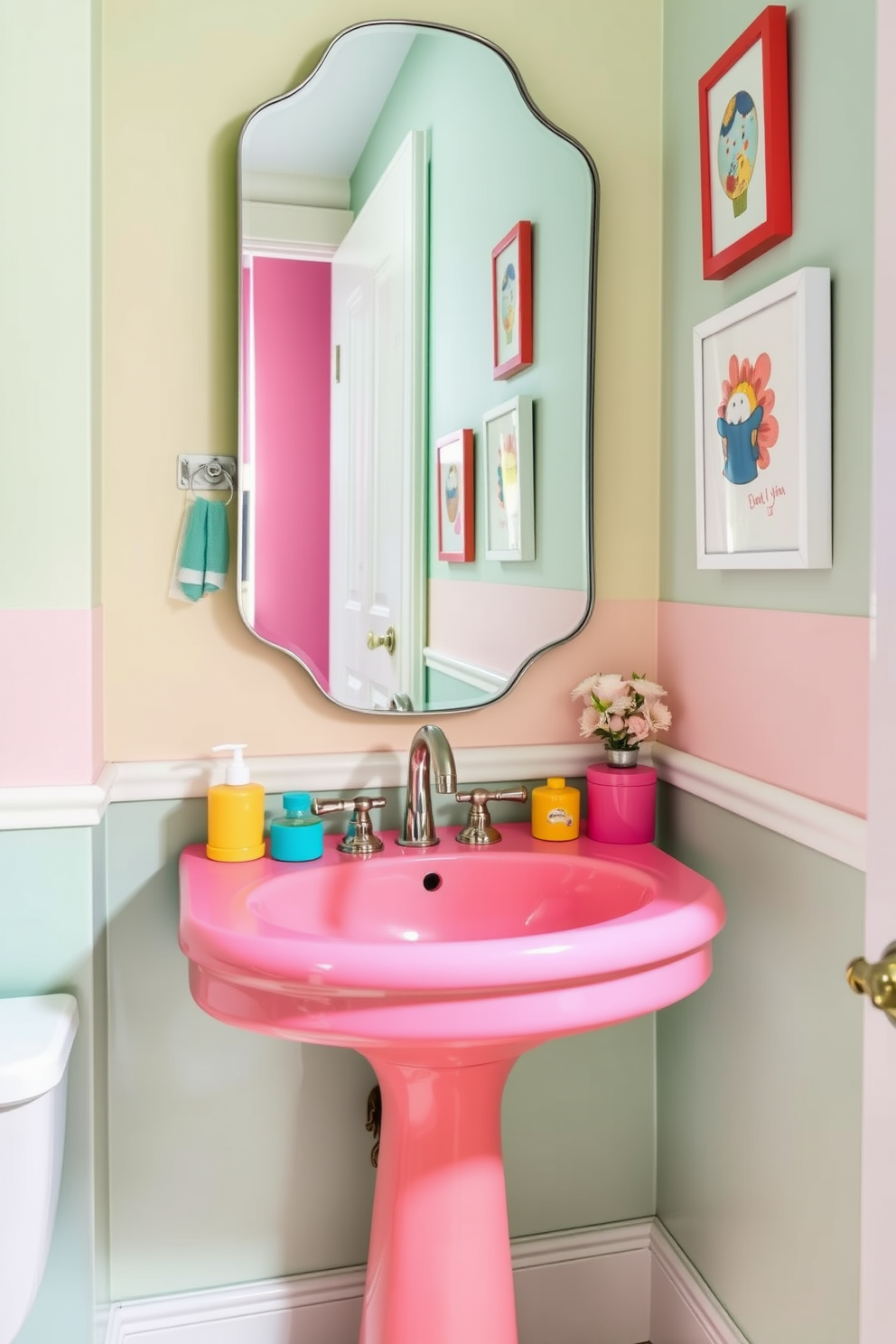 A brightly colored sink serves as the focal point in a playful powder room. The vibrant hues of the sink contrast beautifully with the soft pastel walls, creating an inviting and cheerful atmosphere. Surrounding the sink, playful accessories like colorful soap dispensers and whimsical artwork enhance the fun aesthetic. A stylish mirror with a unique shape reflects the lively colors, adding depth and charm to the space.