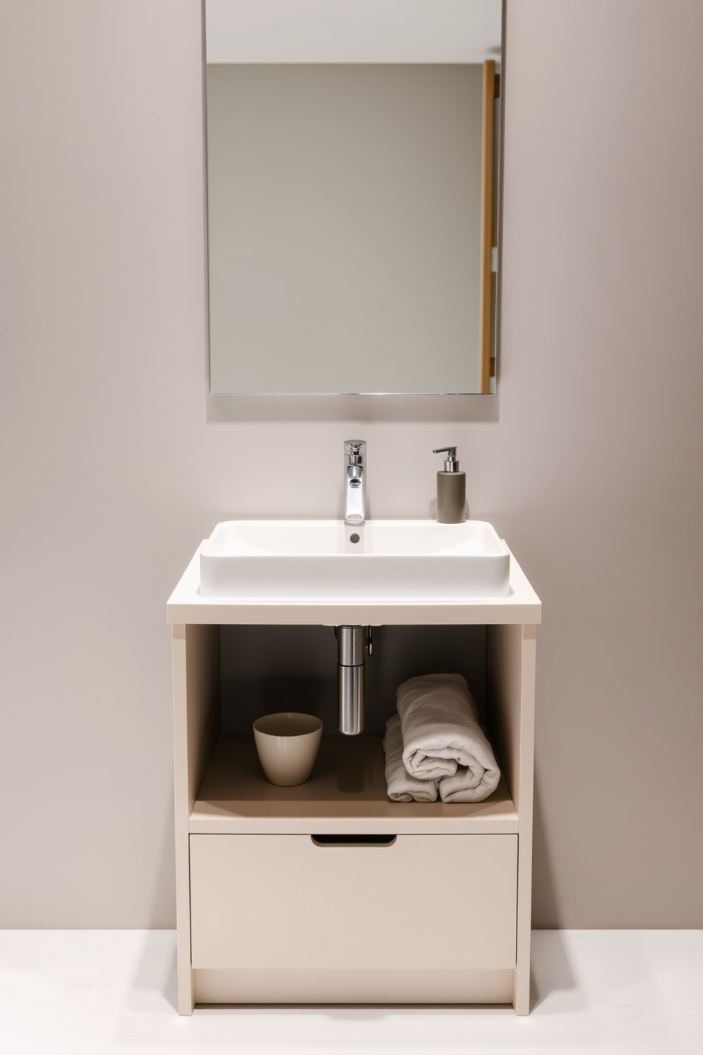 A minimalist sink design that features integrated storage beneath the countertop. The sink is sleek and modern, with clean lines and a subtle color palette that enhances the overall simplicity of the powder room.