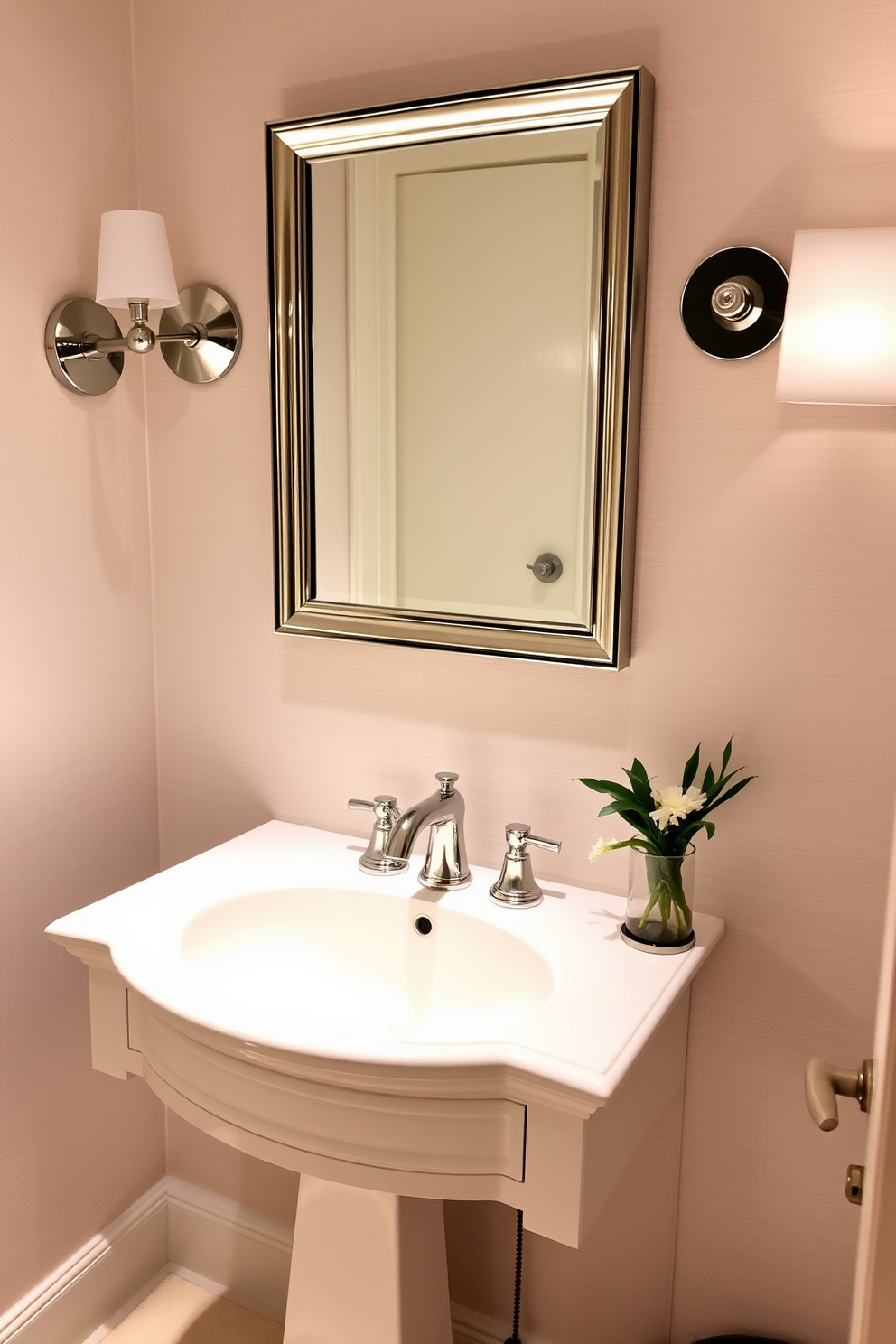 A classic white sink with chrome fixtures is the centerpiece of this elegant powder room. The sink is complemented by a sleek, modern faucet that adds a touch of sophistication to the overall design. Surrounding the sink, the walls are adorned with soft, textured wallpaper in a light hue. A stylish mirror with a polished chrome frame hangs above the sink, reflecting the ambient lighting from a chic sconce on either side.