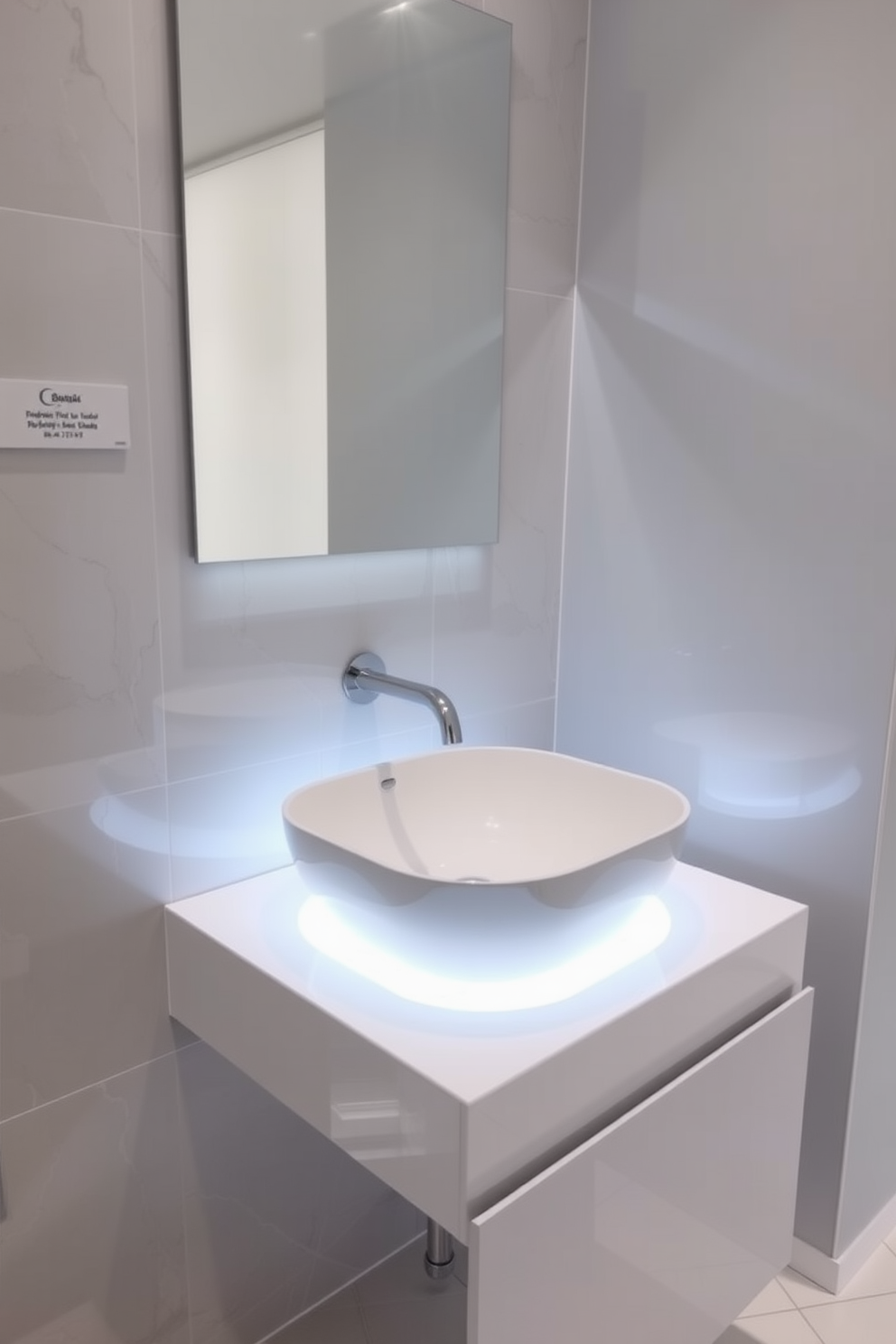 A contemporary powder room featuring a sleek sink with integrated LED lighting that illuminates the space. The sink is mounted on a minimalist floating vanity with a glossy finish, surrounded by elegant wall tiles in a soft gray hue.