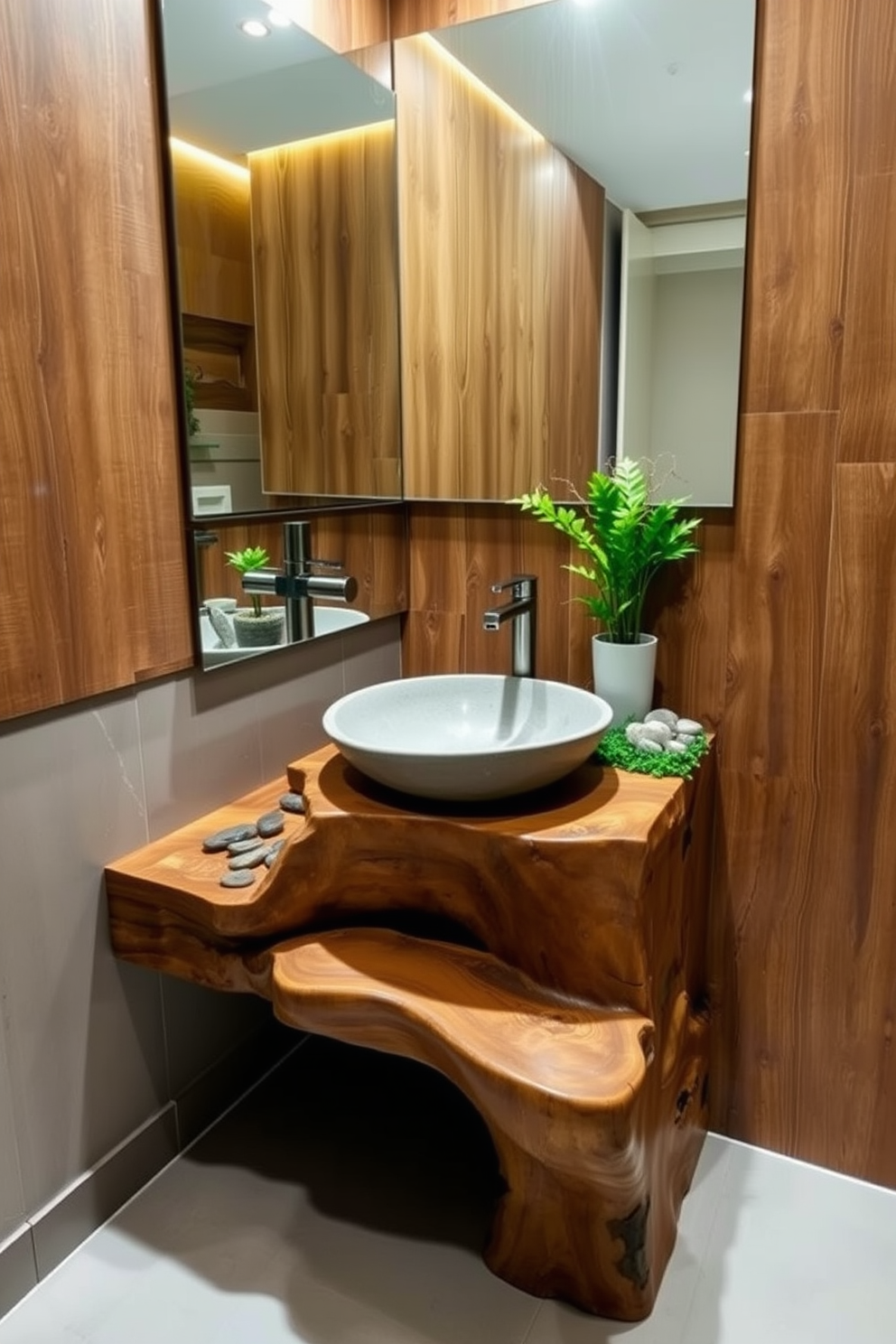 A nature-inspired sink design featuring a wooden base crafted from reclaimed timber. The sink itself is a smooth stone bowl, seamlessly integrated into the natural wood, surrounded by lush greenery and decorative stones. The walls are adorned with textured wood panels that echo the organic theme, while soft ambient lighting highlights the natural materials. A small potted plant sits on the countertop, adding a touch of freshness and tranquility to the powder room.