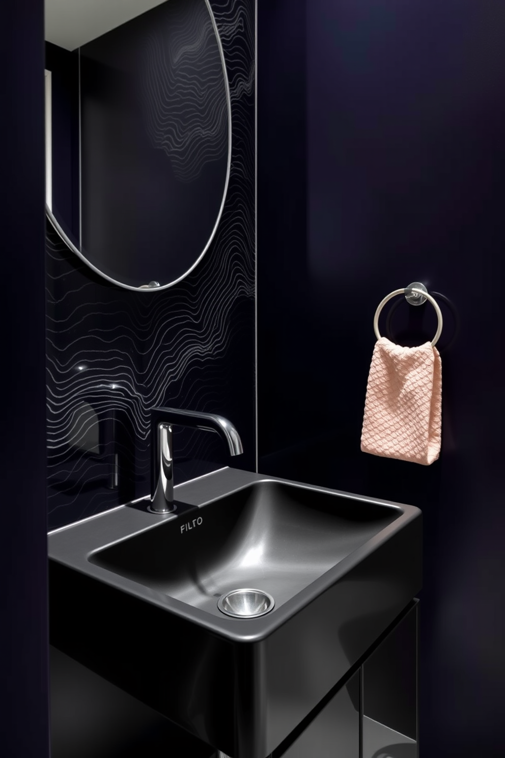 A sleek black sink serves as the focal point of this dramatic powder room. The surrounding walls are adorned with deep jewel tones, creating a striking contrast that enhances the elegance of the space. The sink is paired with a modern faucet featuring clean lines and a polished finish. Soft ambient lighting highlights the unique texture of the wall treatment, adding depth and sophistication to the overall design.