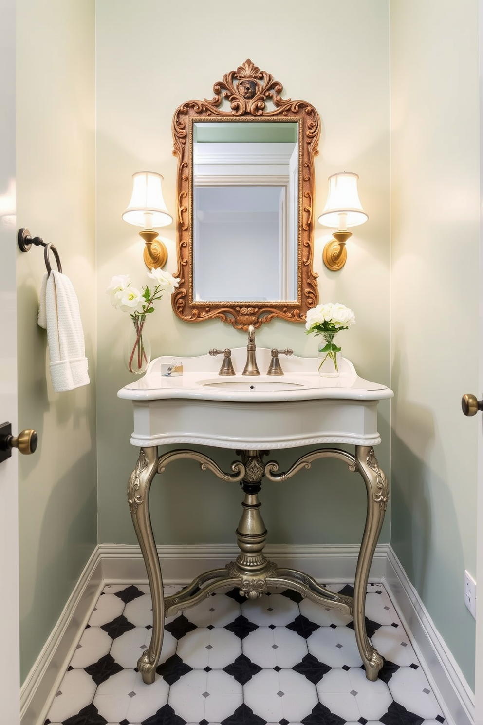 A vintage console sink with ornate legs stands elegantly in the powder room. The sink is complemented by a decorative mirror with intricate detailing above it, enhancing the classic charm of the space.