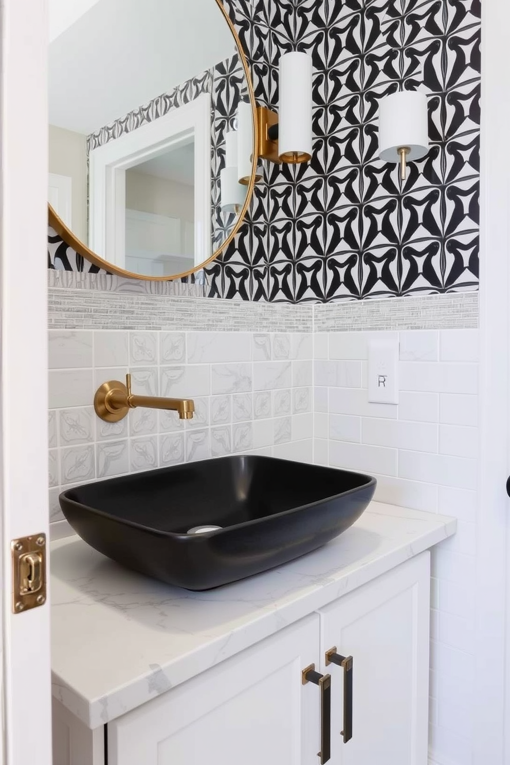 A stylish powder room featuring a bold patterned tile backsplash that adds a striking visual element to the space. The sink area is designed with a sleek modern sink and elegant fixtures, complemented by a chic vanity that enhances the overall aesthetic.