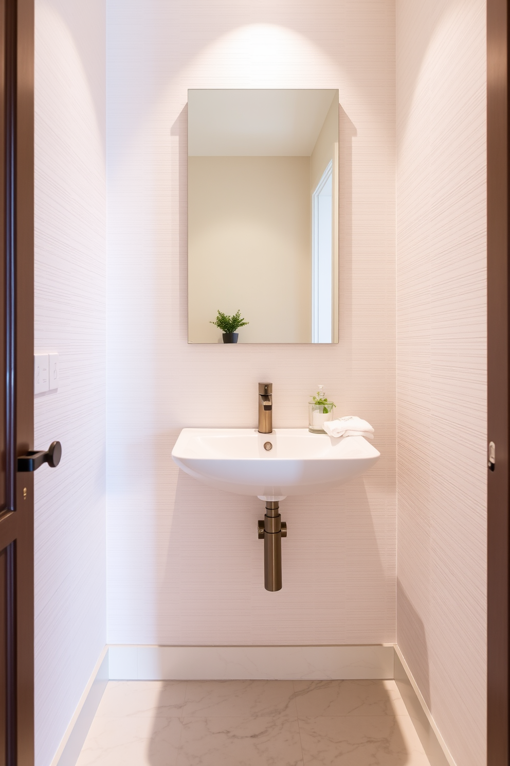 A sleek wall-mounted sink is featured in this stylish powder room, complemented by a modern faucet that adds a touch of elegance. The walls are adorned with textured wallpaper in a soft pastel shade, creating a serene atmosphere. The floor is finished with polished marble tiles, enhancing the luxurious feel of the space. A minimalist mirror hangs above the sink, reflecting the carefully curated decor that includes a small potted plant and decorative hand towels.