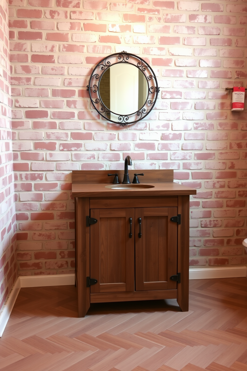 A rustic reclaimed wood vanity with a single sink sits against a backdrop of exposed brick walls. Soft, warm lighting illuminates the space, highlighting the natural textures and tones of the wood. Above the vanity, a round mirror with a wrought iron frame adds a touch of elegance. The floor features a herringbone pattern in natural wood, complementing the rustic charm of the room.