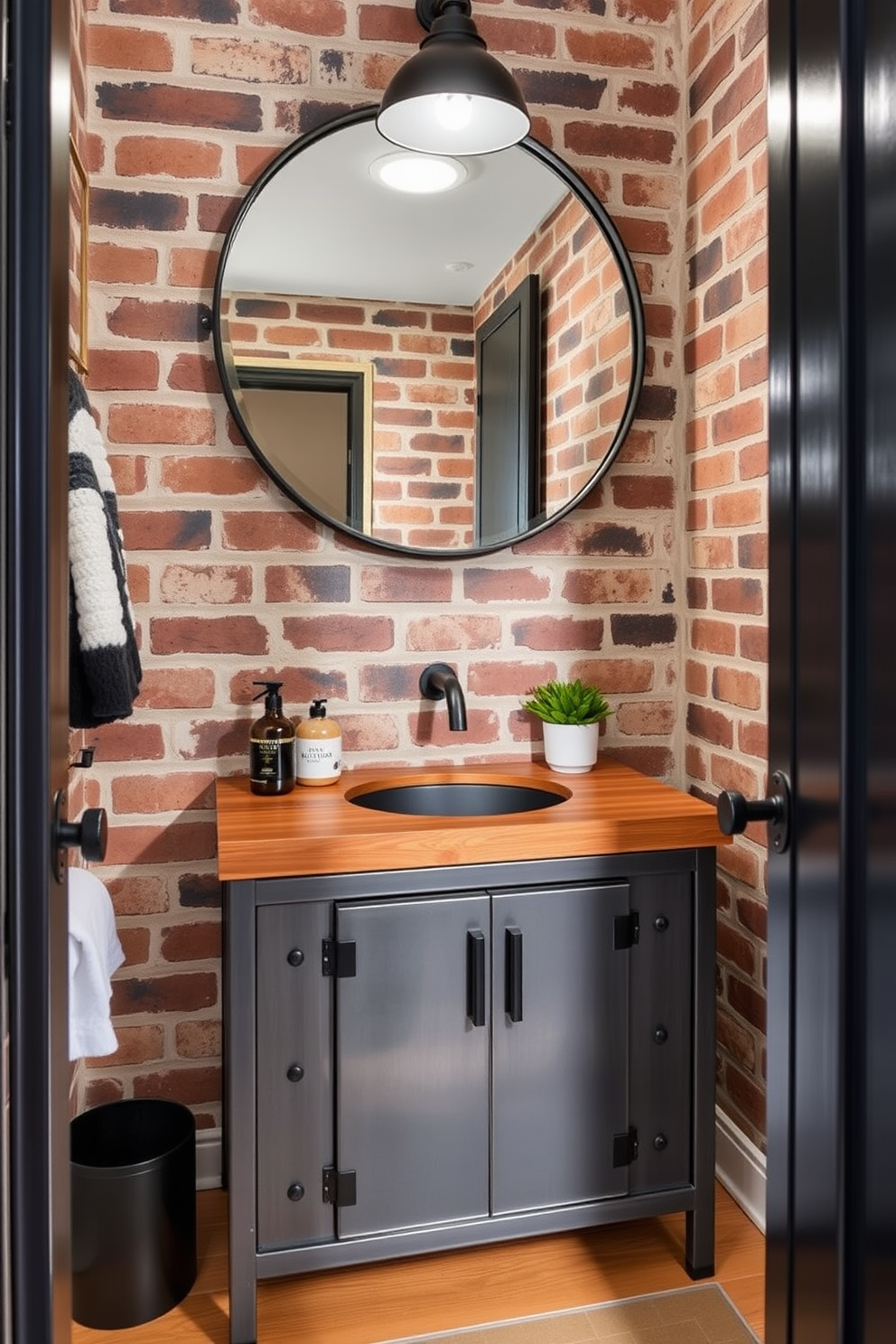 A striking powder room featuring an industrial metal vanity with a warm wood top. The space is accented by exposed brick walls and a large round mirror that enhances the room's contemporary vibe.