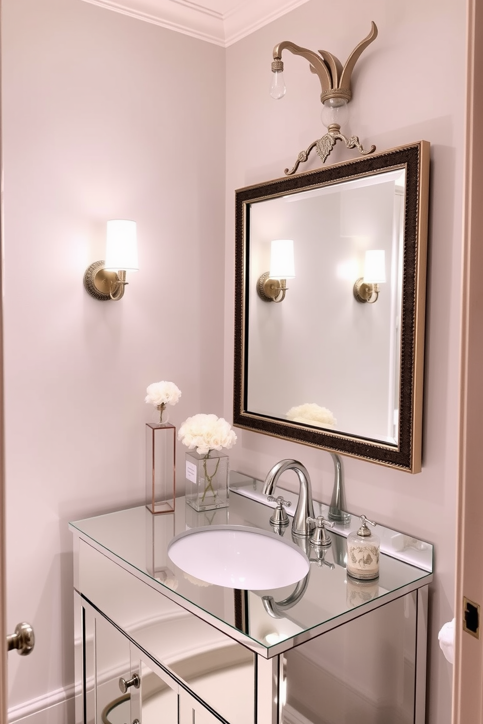 A glamorous powder room features a mirrored vanity that reflects the soft lighting and enhances the overall elegance of the space. The vanity is adorned with a sleek countertop, and decorative accessories add a touch of sophistication. The walls are painted in a soft pastel hue, creating a serene backdrop for the stylish design elements. Elegant fixtures and a chic mirror complete the look, making this powder room a perfect blend of functionality and beauty.