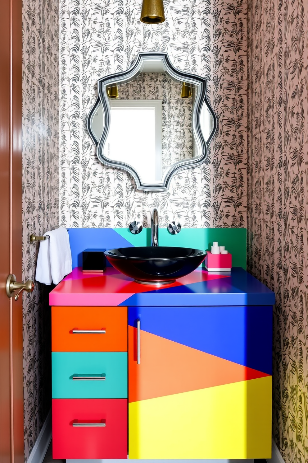 A bold color-blocked vanity serves as the centerpiece of the powder room, featuring vibrant hues that create an eye-catching contrast. The vanity is complemented by a sleek vessel sink and modern chrome fixtures, enhancing its contemporary appeal. The walls are adorned with a playful wallpaper pattern, adding depth and character to the space. A decorative mirror with a unique shape hangs above the vanity, reflecting light and making the room feel more spacious.