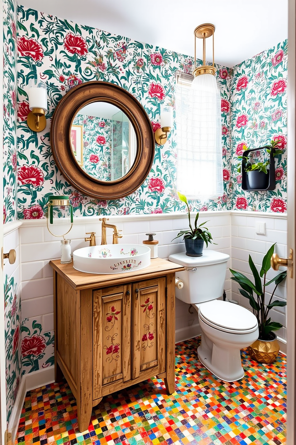 An eclectic powder room features a vintage porcelain sink with intricate floral designs, paired with a distressed wooden cabinet that adds character. The walls are adorned with bold wallpaper showcasing a vibrant pattern, while a large round mirror with a rustic frame reflects the unique charm of the space. The floor is laid with colorful mosaic tiles that create a playful contrast with the cabinetry. Accents of brass in the faucet and light fixtures enhance the vintage appeal, while potted greenery adds a touch of freshness to the room.