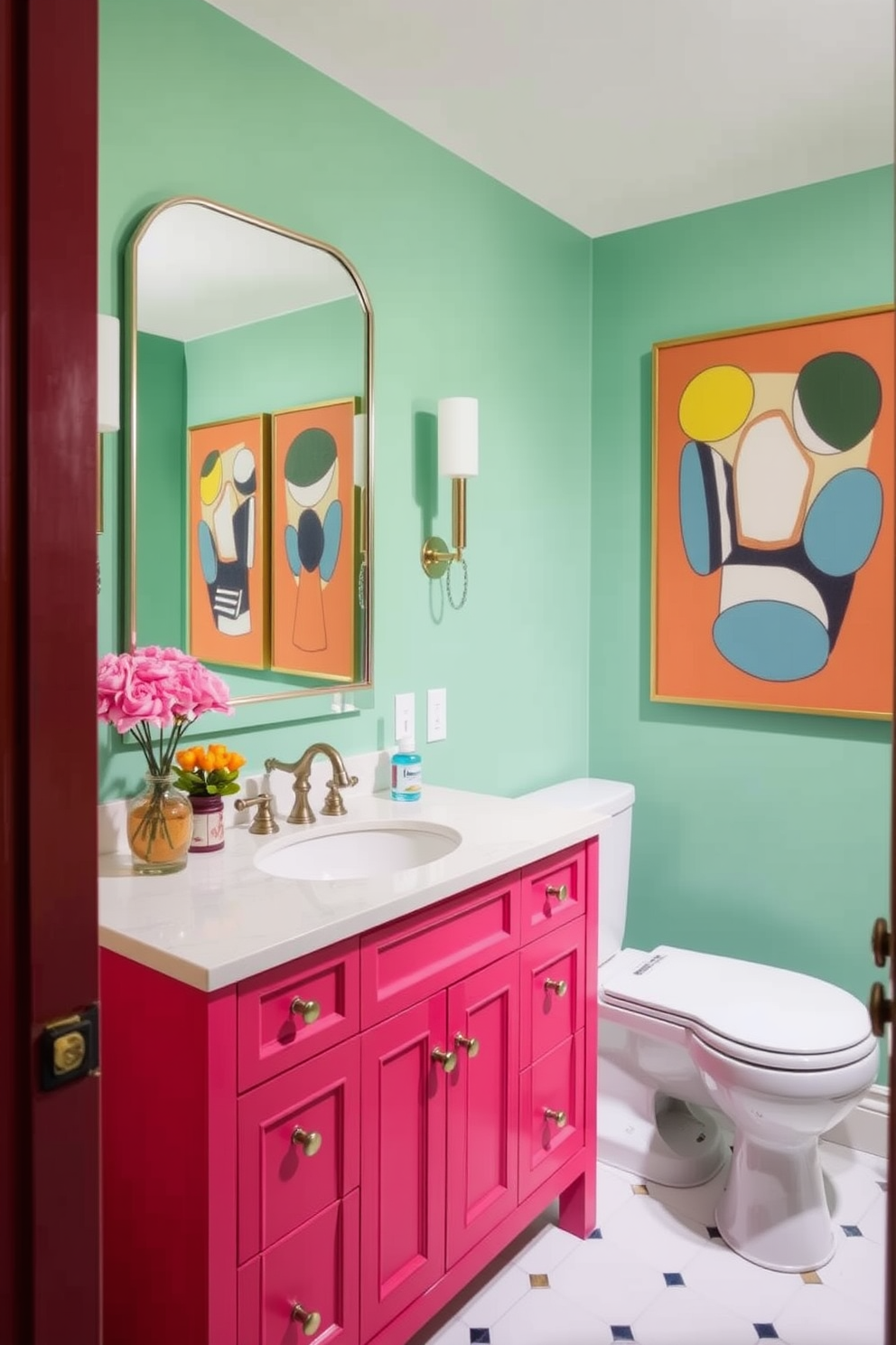 A brightly painted vanity in a vibrant hue creates a cheerful focal point in the powder room. The vanity features a sleek countertop with elegant fixtures, complemented by playful wall art and colorful accessories.