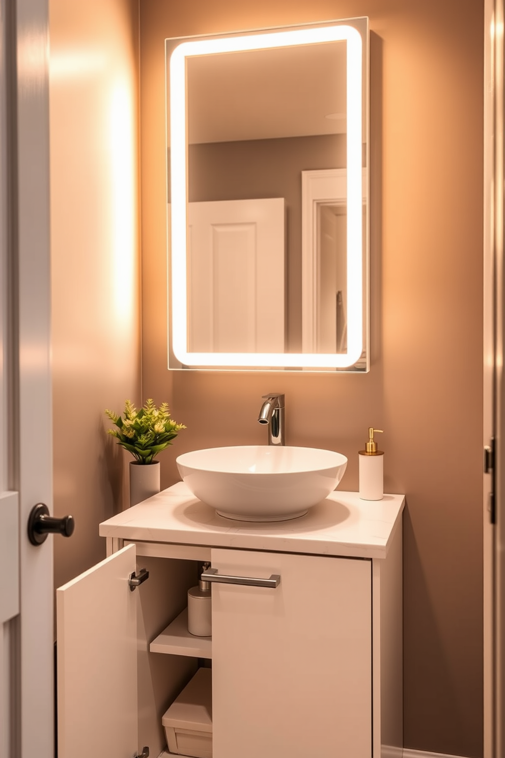 A compact vanity featuring pull-out storage solutions is elegantly designed for a modern powder room. The sleek cabinetry is finished in a soft white, complemented by a polished quartz countertop and a stylish vessel sink. Above the vanity, a frameless mirror enhances the sense of space, while warm LED lighting creates an inviting atmosphere. Decorative elements like a small potted plant and a chic soap dispenser add a touch of personality to the design.