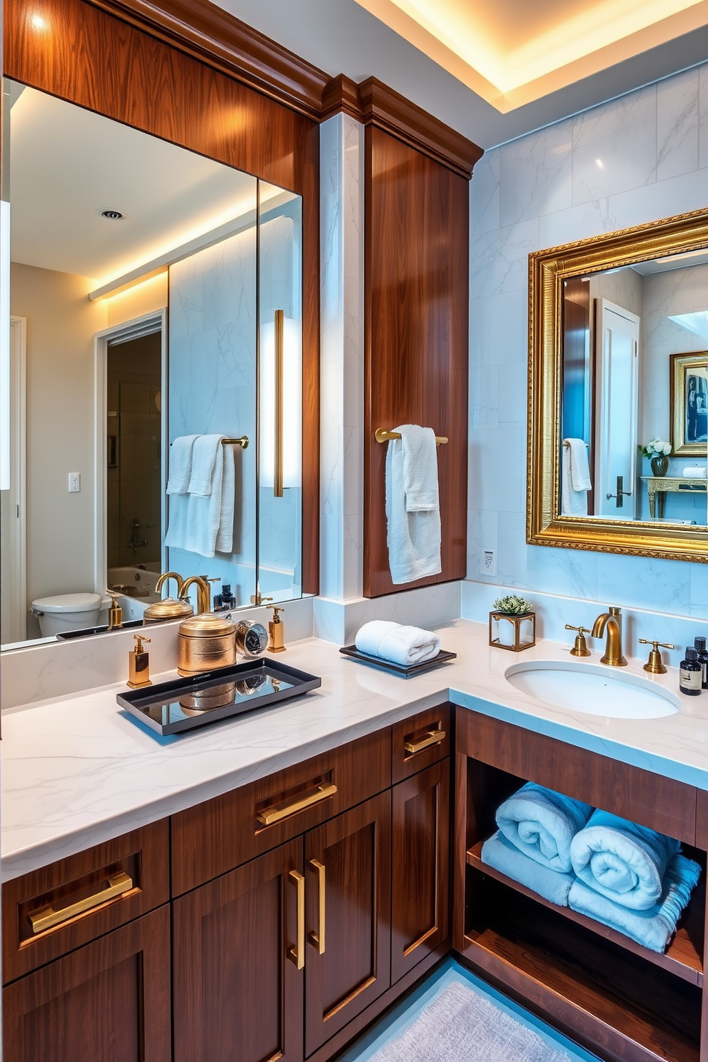 A luxurious vanity with a built-in makeup station features a sleek marble countertop complemented by elegant brass fixtures. Surrounding the vanity, soft ambient lighting highlights the rich wood cabinetry and creates a warm, inviting atmosphere. The powder room showcases a stylish design with a large framed mirror that reflects the beauty of the space. Plush towels and decorative accents add a touch of sophistication, making it a perfect retreat for relaxation and beauty routines.