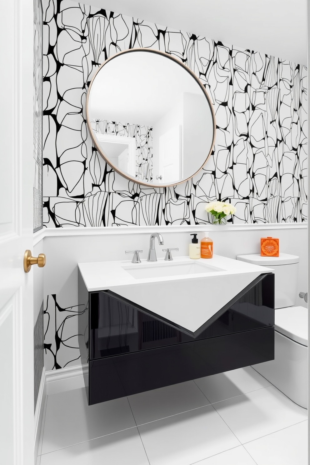 A contemporary powder room featuring a sleek vanity with geometric shapes. The vanity is crafted from polished black wood and showcases a striking white countertop with angular edges. Above the vanity, an oversized round mirror with a minimalist frame reflects the stylish decor. The walls are adorned with a bold abstract wallpaper, while the floor is finished with large format white tiles for a clean look.