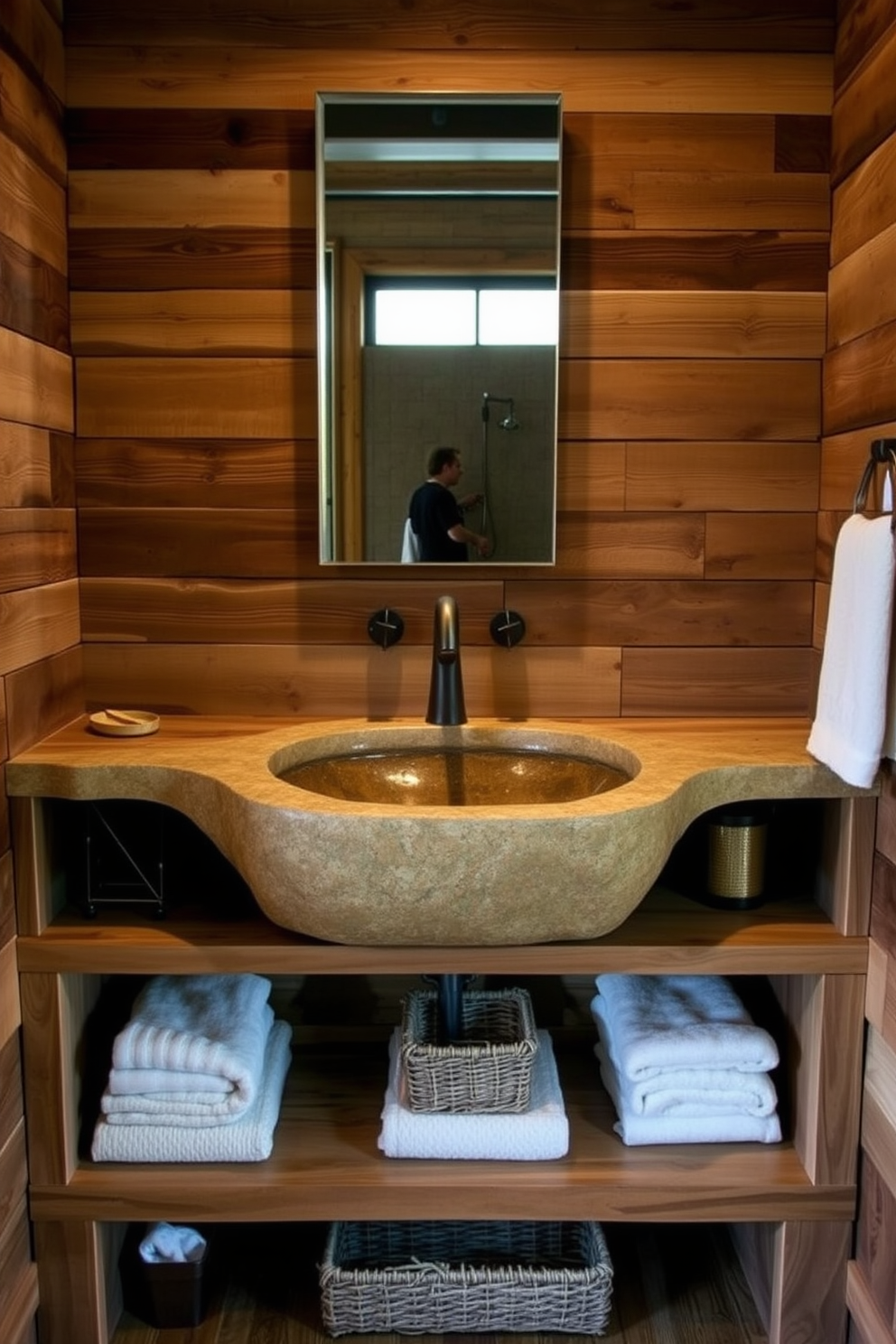 A rustic stone sink is seamlessly integrated into a wooden vanity, showcasing natural textures and earthy tones. The vanity features open shelving below, adorned with neatly folded towels and decorative baskets for added charm. The walls are clad in reclaimed wood, enhancing the rustic feel of the space. Soft, warm lighting illuminates the area, highlighting the unique characteristics of the stone sink and creating an inviting atmosphere.