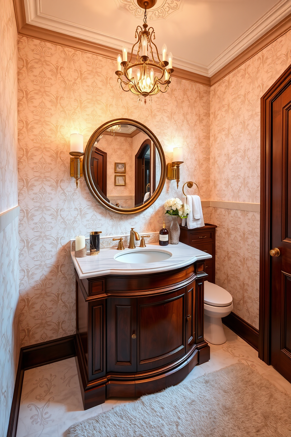 An elegant powder room featuring a stunning vanity crafted from rich mahogany with intricate tile work surrounding the base. The countertop is a luxurious white marble, complemented by gold fixtures and a large round mirror that reflects soft ambient lighting. The walls are adorned with a delicate wallpaper in a light pastel hue, enhancing the room's sophistication. A stylish chandelier hangs from the ceiling, casting a warm glow over the space, while a plush rug adds comfort underfoot.