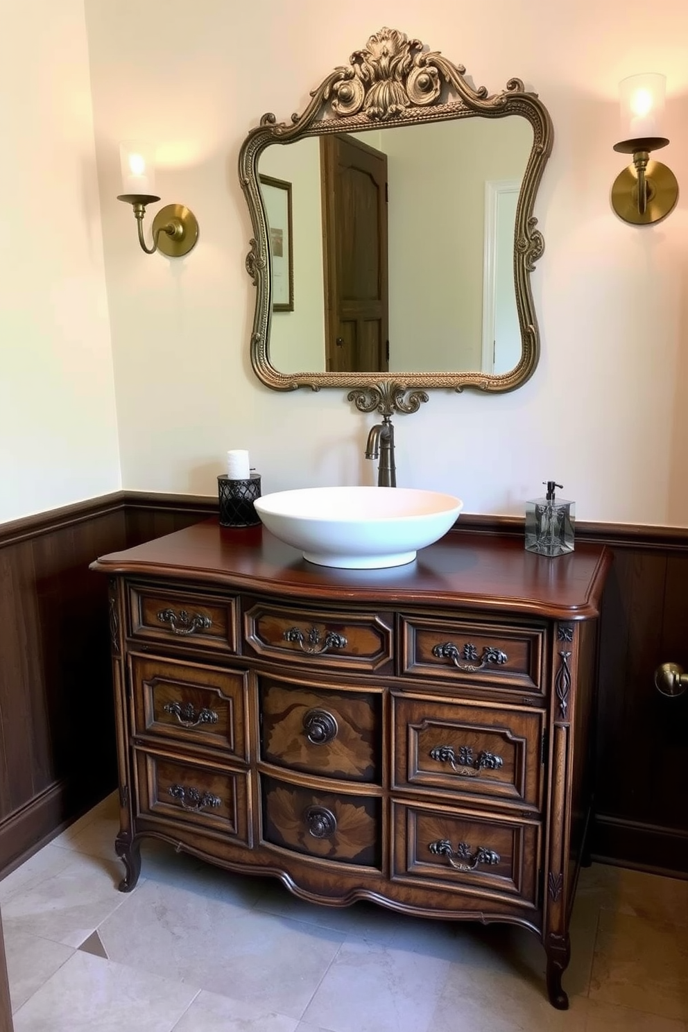 A vintage dresser repurposed as a vanity creates a charming focal point in the powder room. The dresser features intricate woodwork and a distressed finish, paired with a sleek vessel sink on top. Above the vanity, a decorative mirror with an ornate frame enhances the vintage aesthetic. Soft lighting fixtures on either side cast a warm glow, highlighting the unique character of the repurposed piece.