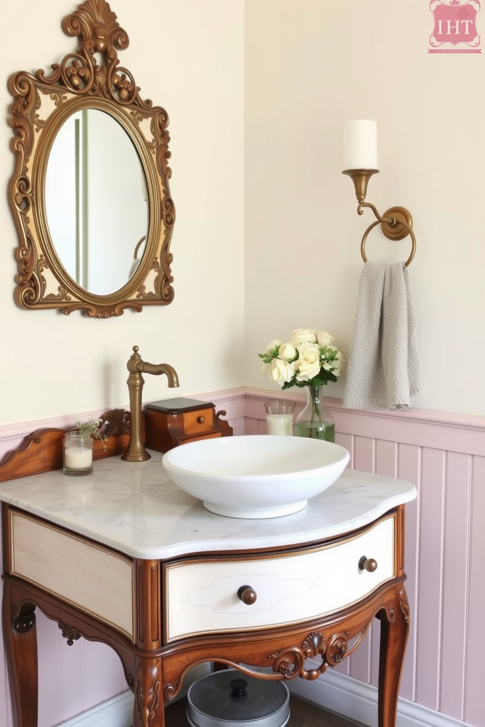 A vintage washstand is elegantly repurposed into a chic vanity for a powder room. The washstand features intricate woodwork and a polished marble top, complemented by a stylish vessel sink and antique brass fixtures. Soft pastel colors adorn the walls, creating a serene atmosphere. Vintage-inspired decor, such as a decorative mirror and floral accents, enhances the charm of the space.