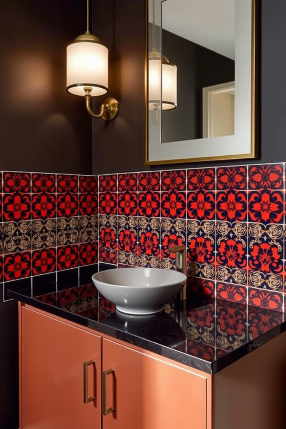 A stylish powder room featuring a striking backsplash made of bold patterned tiles that create a vibrant focal point. The vanity is designed with a sleek modern silhouette, incorporating a chic vessel sink and elegant fixtures that enhance the overall aesthetic. Soft lighting illuminates the space, highlighting the intricate details of the tile design and the vanity's rich finish. A decorative mirror above the vanity adds depth while complementing the lively colors of the backsplash.