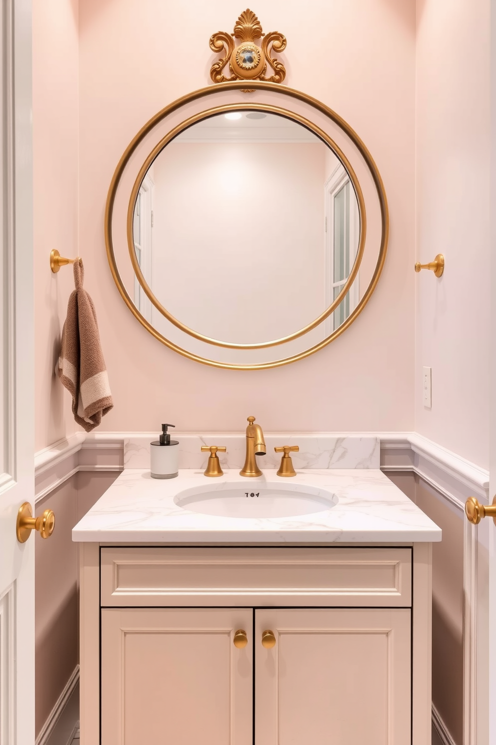 Elegant marble top with gold fixtures. The powder room features a sleek vanity with a stunning marble countertop and elegant gold fixtures that add a touch of luxury. The walls are adorned with soft pastel colors that create a calming atmosphere. A large round mirror with a gold frame hangs above the vanity, reflecting the exquisite details of the design.