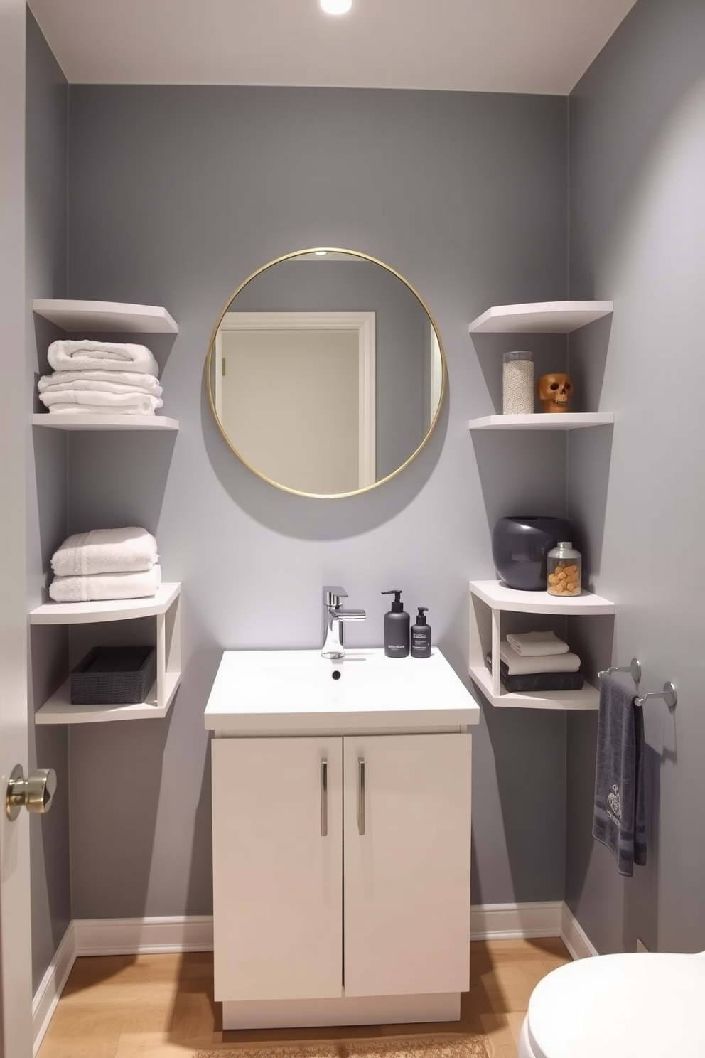 A compact corner vanity with shelving is designed to maximize space while providing functionality. The vanity features a sleek white finish, complemented by a modern faucet and a round mirror above it. The shelves on either side are adorned with neatly arranged towels and decorative items, adding a touch of elegance. Soft lighting illuminates the space, creating a warm and inviting atmosphere in the powder room.