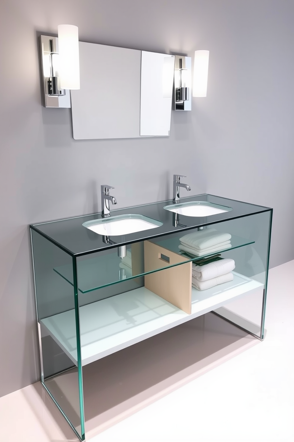 A modern glass vanity with open storage features sleek lines and a minimalist design. The vanity is complemented by a stylish wall-mounted mirror and elegant lighting fixtures that enhance the contemporary aesthetic.