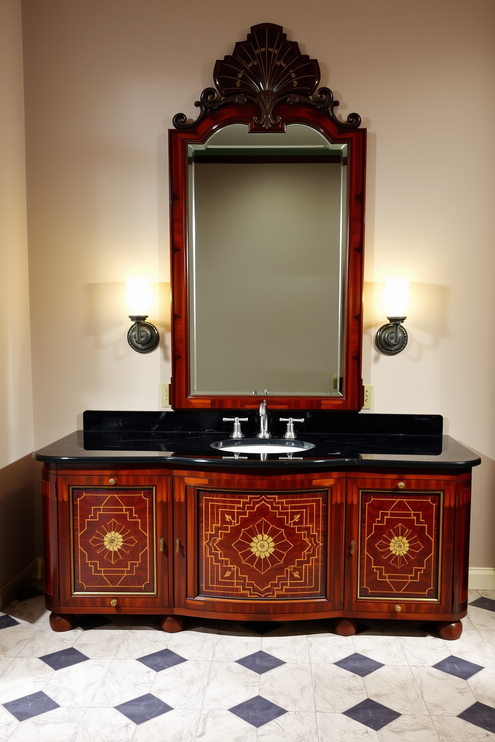 Art deco style vanity with intricate details. The vanity features a rich mahogany finish with geometric patterns and gold accents, complemented by a large, ornate mirror above it. The countertop is made of polished black marble, adding a touch of elegance. Soft lighting from sconces on either side highlights the vanity's exquisite craftsmanship.