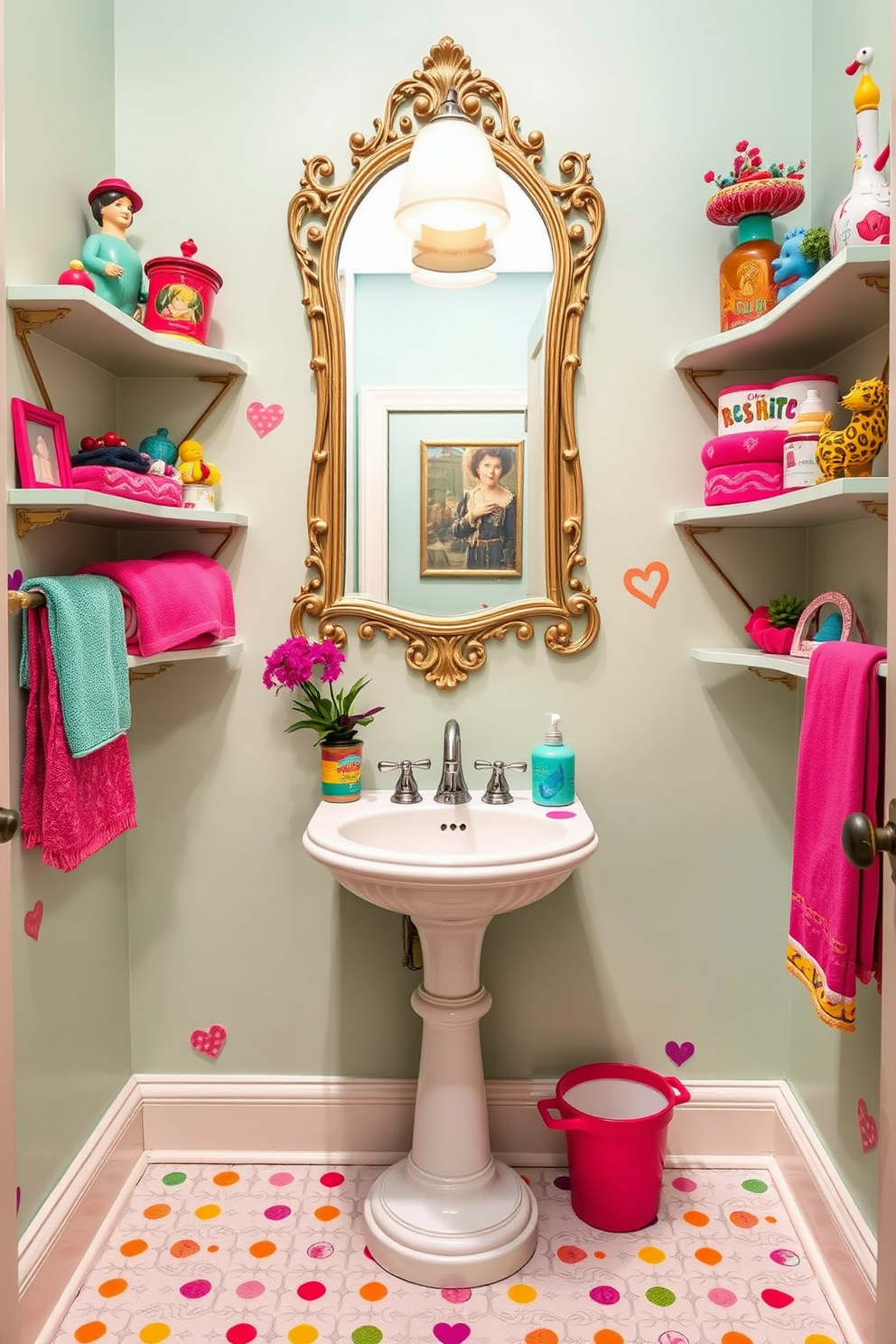 A whimsical powder room features a charming pedestal sink adorned with vibrant, colorful accents. The walls are painted in a cheerful pastel hue, complementing the playful decor elements scattered throughout the space. Above the sink, a decorative mirror with an ornate frame adds a touch of elegance. Shelves lined with quirky accessories and colorful towels create a fun and inviting atmosphere.