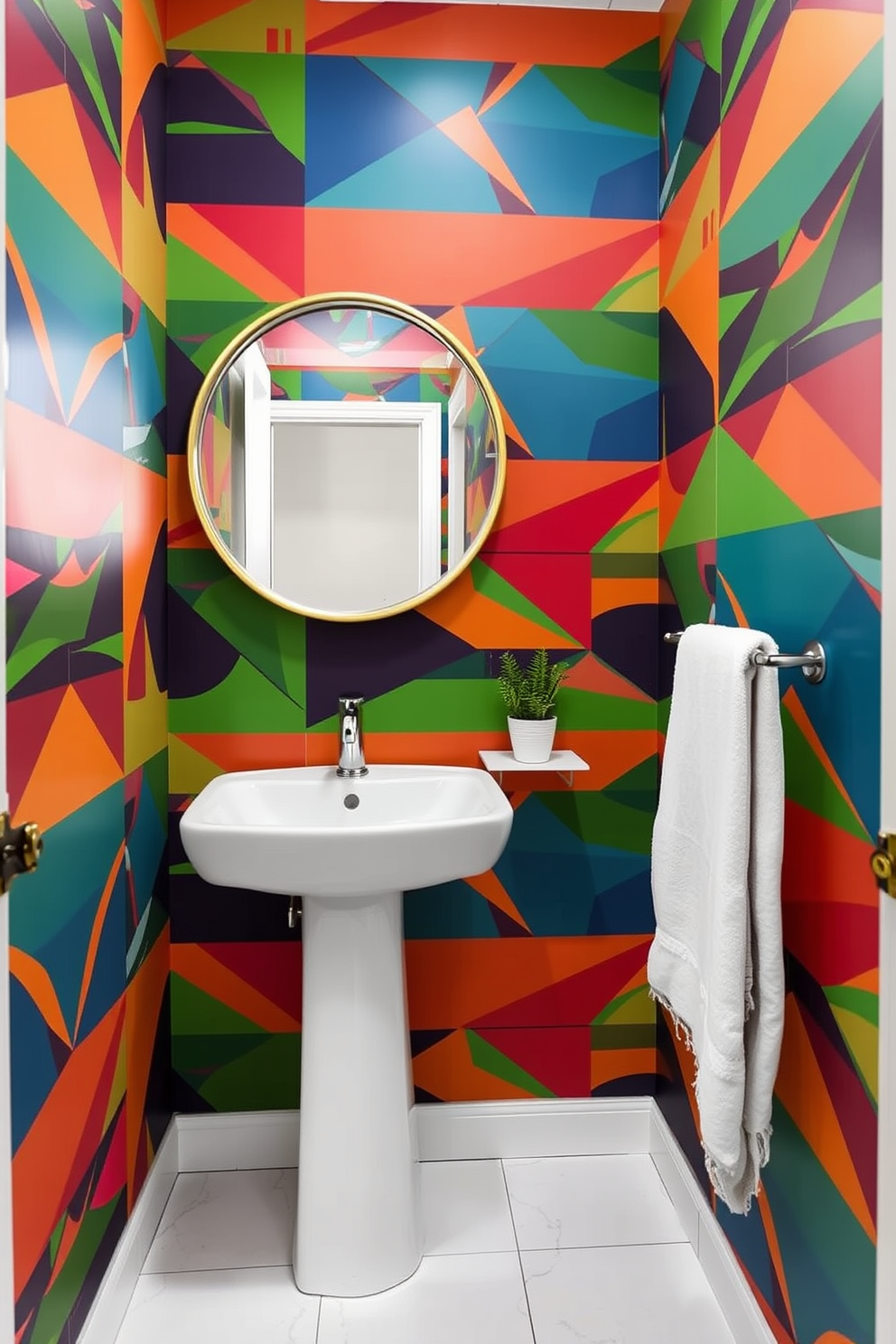 A striking powder room featuring bold geometric wallpaper in vibrant colors that creates a lively atmosphere. The space includes a sleek pedestal sink with a chrome faucet and a round mirror framed in polished brass, reflecting the dynamic patterns of the wallpaper. The floor is adorned with large white tiles that contrast beautifully with the vivid wall design. A small potted plant sits on a minimalist shelf, adding a touch of greenery to the vibrant decor.