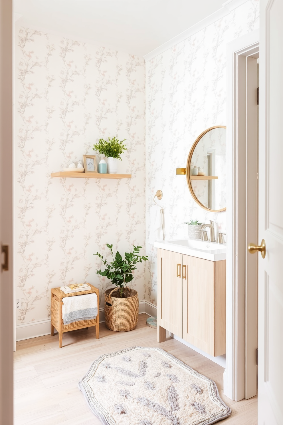 A serene powder room featuring subtle pastel shades that create a calming atmosphere. The walls are adorned with delicate floral wallpaper in soft hues, complemented by a minimalist floating shelf displaying decorative items. A stylish vanity with a round mirror framed in light wood sits against one wall. The flooring consists of pale hardwood, while a plush area rug in a muted tone adds warmth and comfort to the space.