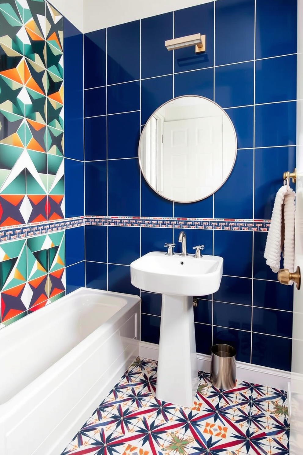 A chic powder room featuring graphic tile designs that add a modern touch. The walls are adorned with bold geometric patterns in vibrant colors, creating a striking visual impact. The floor showcases a stunning mosaic of graphic tiles that complements the wall decor. A sleek pedestal sink and minimalist fixtures enhance the contemporary aesthetic of the space.