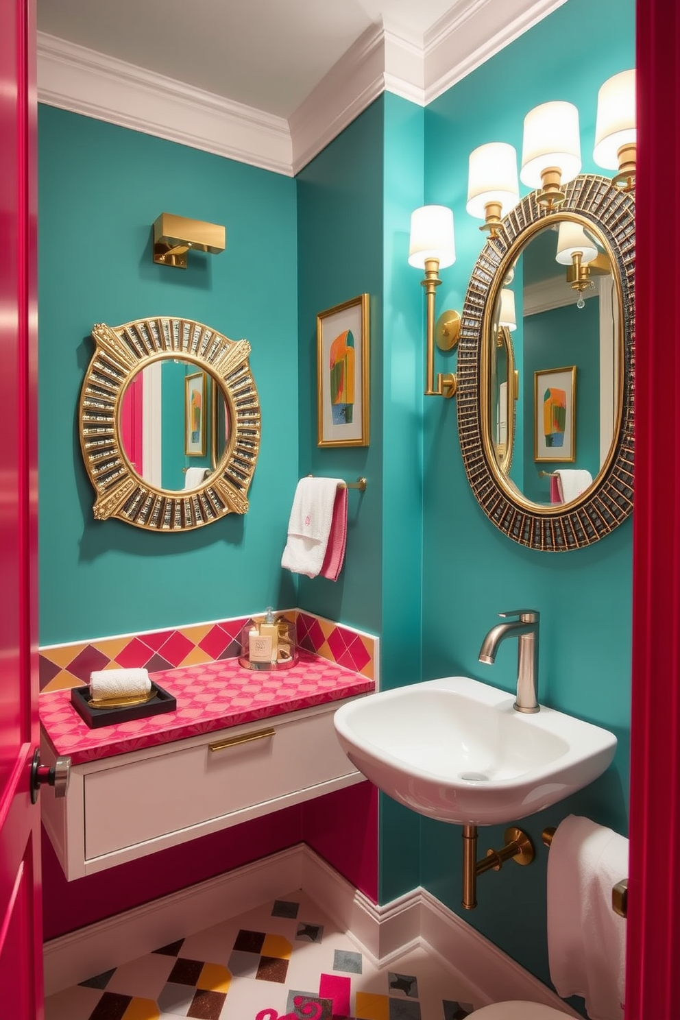 Brightly colored accent walls create a vibrant atmosphere in the powder room. The walls are adorned with geometric patterns and bold hues, complemented by stylish wall art and decorative mirrors. The space features a chic vanity with a colorful backsplash that ties the design together. Elegant lighting fixtures enhance the lively decor, making the powder room both functional and visually striking.