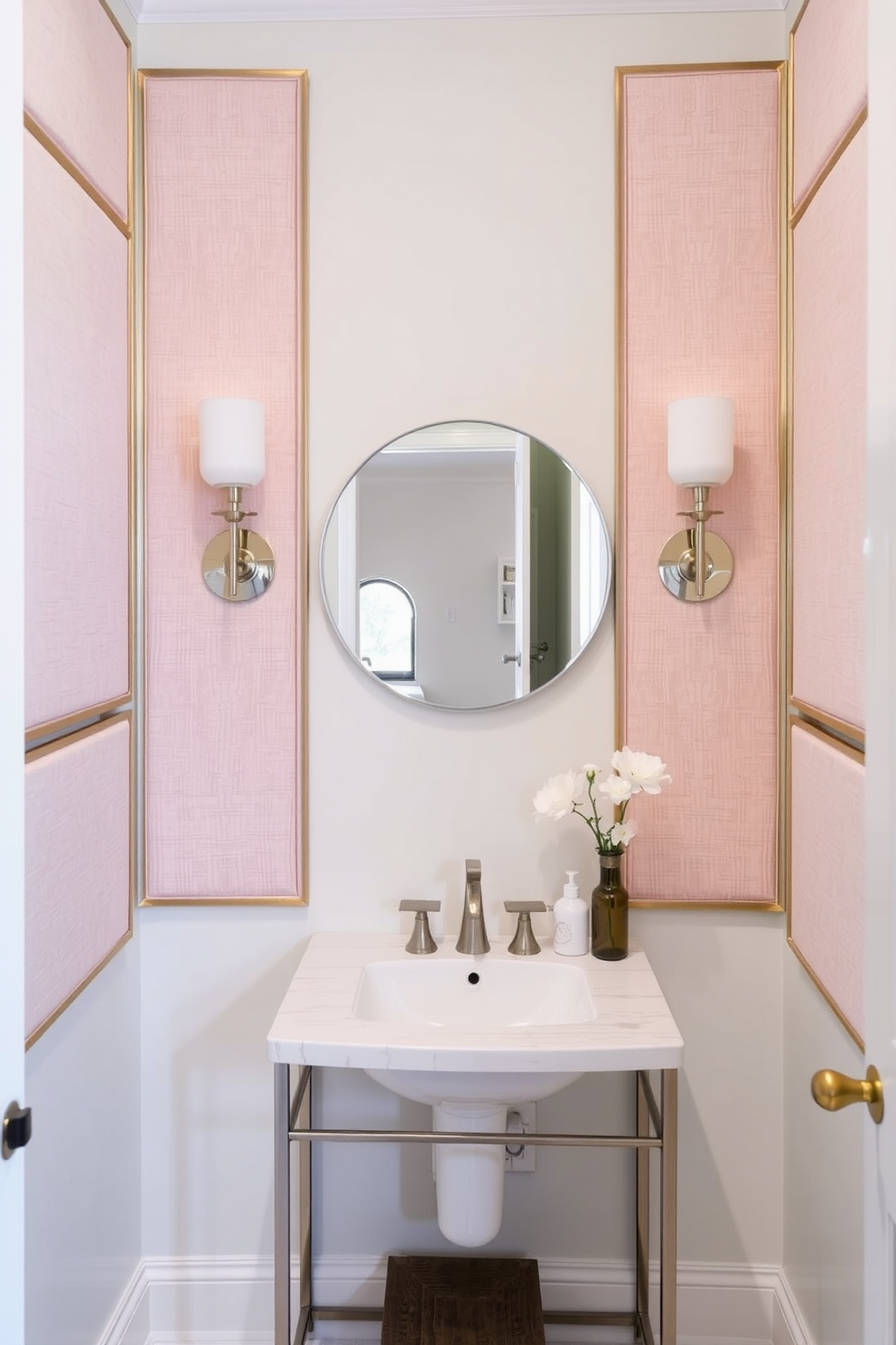 Framed fabric panels in soft pastel colors create a serene atmosphere in the powder room. The panels are arranged symmetrically on the walls, enhancing the overall elegance of the space. Decorative accents, such as a chic round mirror and stylish sconces, complement the fabric panels beautifully. A small console table beneath the mirror showcases a few curated decorative items, adding personality to the room.