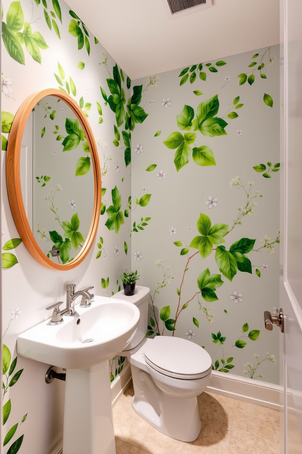 A powder room adorned with nature-inspired wall decals that bring a fresh and vibrant atmosphere. The decals feature lush green leaves and delicate floral patterns, creating a serene backdrop for the space. A sleek white pedestal sink is positioned against one wall, complemented by a round mirror with a natural wood frame. Soft ambient lighting enhances the tranquil feel, while a small potted plant sits on the countertop, adding a touch of greenery.