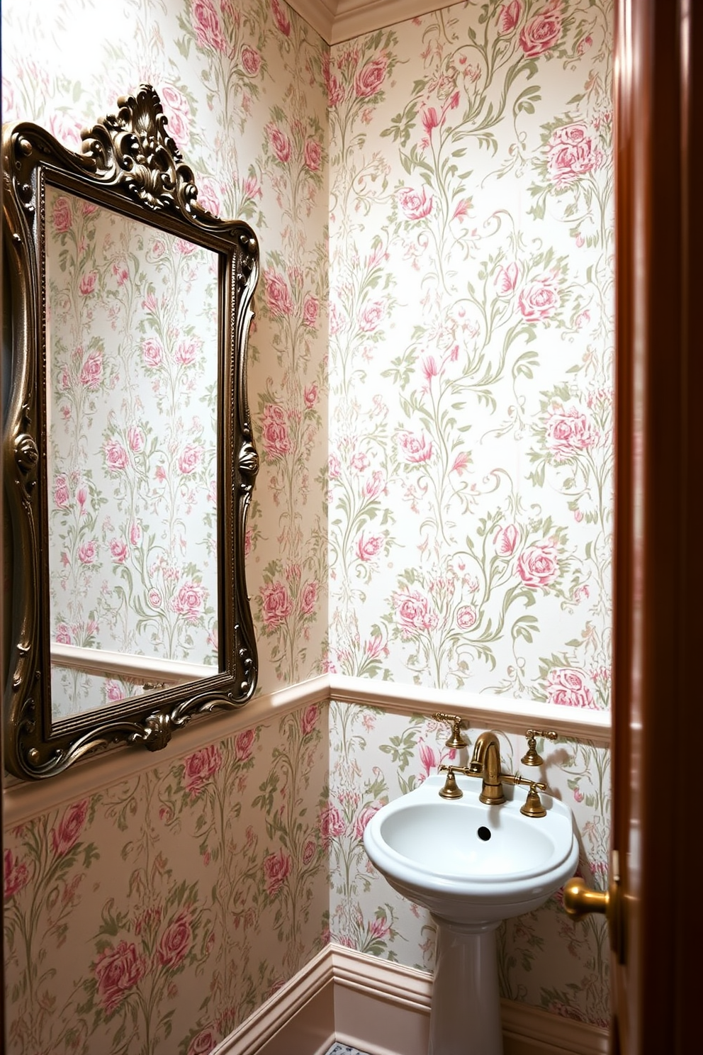 A charming powder room featuring vintage-style wallpaper adorned with intricate floral patterns in soft pastel colors. The walls are complemented by a vintage mirror with an ornate frame and a small, elegant pedestal sink in white porcelain.