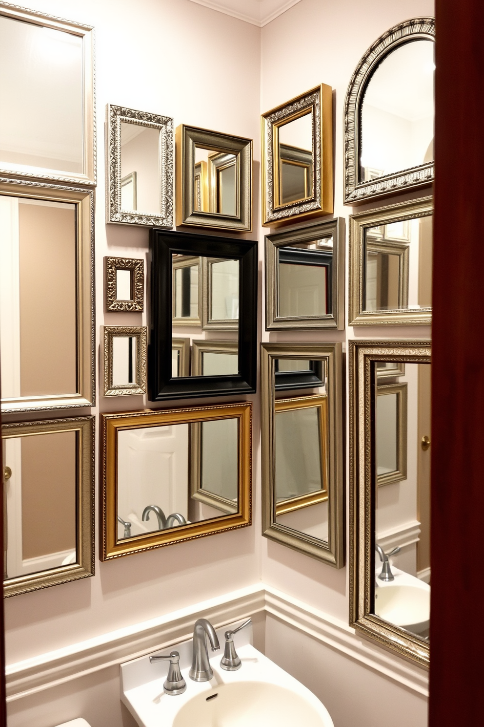 A stunning powder room featuring a gallery wall of framed mirrors in various sizes and styles. The mirrors are arranged in an artistic layout, reflecting light and creating a sense of depth in the space. The walls are painted in a soft, neutral tone to enhance the elegance of the mirrors. Accents of gold and silver in the frame designs add a touch of luxury to the overall decor.