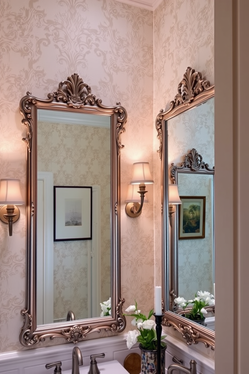 Elegant framed mirrors with ornate detailing create a stunning focal point in the powder room. The walls are adorned with soft pastel colors and intricate wallpaper patterns that complement the mirrors beautifully. Stylish sconces flanking the mirrors provide warm ambient lighting, enhancing the room's sophisticated atmosphere. Decorative accents such as small potted plants and elegant art pieces add a touch of personality to the space.