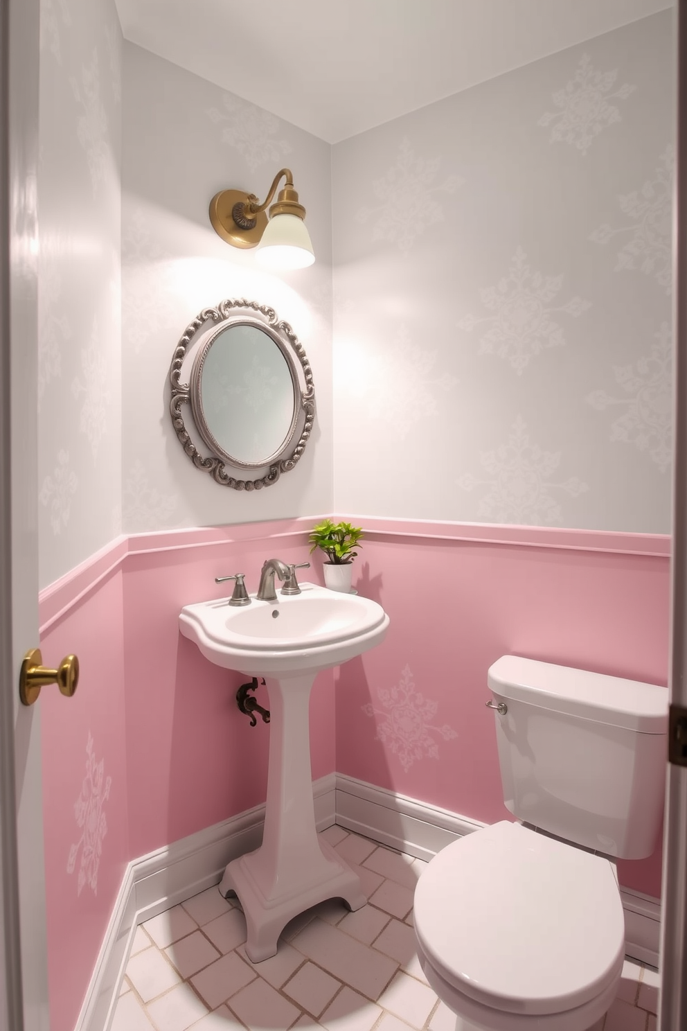 A charming powder room with stenciled designs that add a playful touch to the space. The walls are adorned with intricate patterns in soft pastel colors, creating a whimsical atmosphere. A vintage-style pedestal sink sits against one wall, complemented by a round mirror with a decorative frame. The floor features classic white subway tiles, while a small potted plant adds a pop of greenery to the decor.