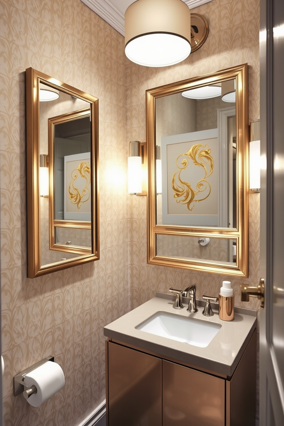 A chic powder room featuring metallic finishes that add a touch of glam. The walls are adorned with intricate wallpaper in soft hues, complemented by metallic accents in the light fixtures and mirror frames. The vanity is sleek and modern, topped with a glossy surface that reflects the shimmering elements around it. A stylish, framed artwork with gold detailing hangs above the vanity, enhancing the luxurious atmosphere.