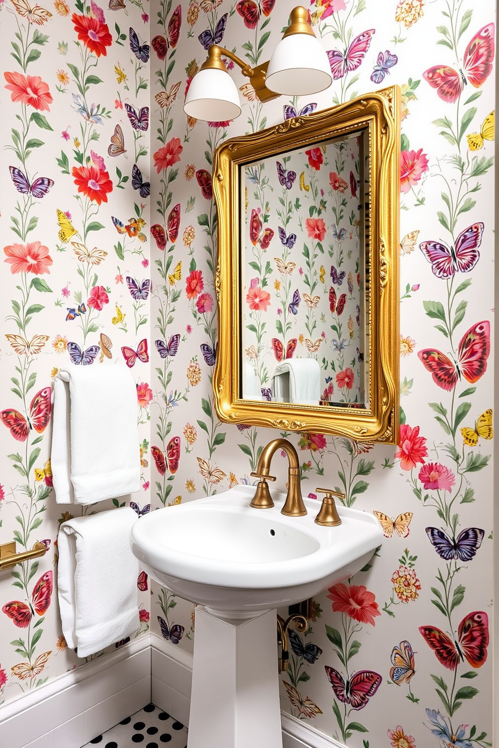 A whimsical powder room adorned with playful wallpaper featuring vibrant motifs of flowers and butterflies. The space is complemented by a sleek white pedestal sink and a vintage-style mirror framed in distressed gold.