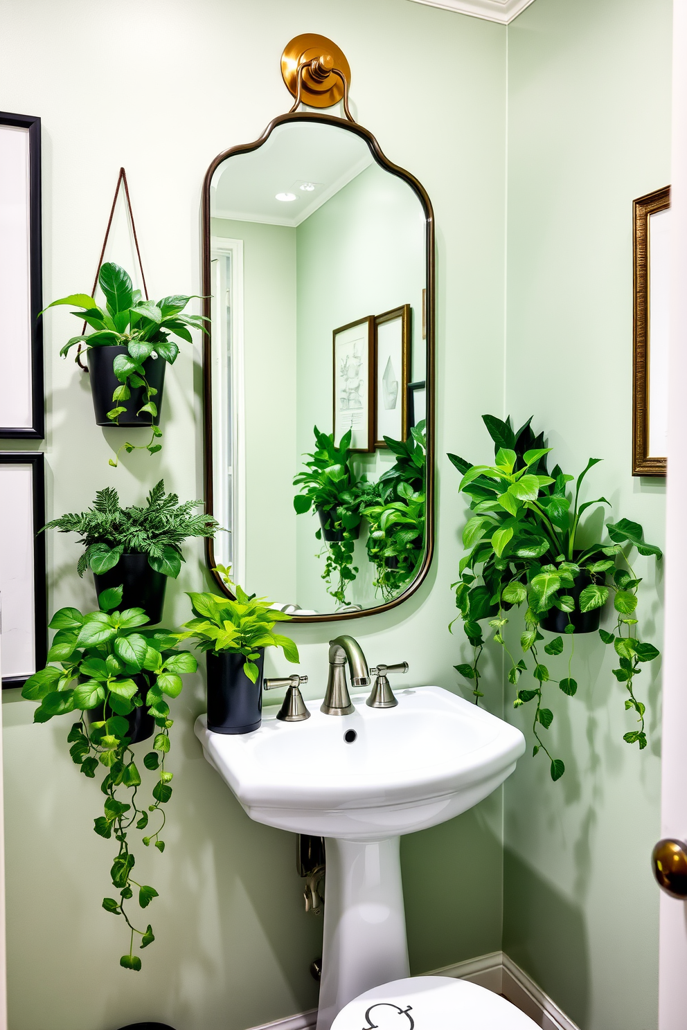 A stylish powder room adorned with lush greenery featuring wall-mounted planters that bring life to the space. The planters are filled with vibrant plants, creating a refreshing atmosphere against a soft pastel backdrop. The decor includes elegant wall art that complements the natural elements, enhancing the overall aesthetic. A chic mirror above the sink reflects the greenery, adding depth and a touch of sophistication to the design.